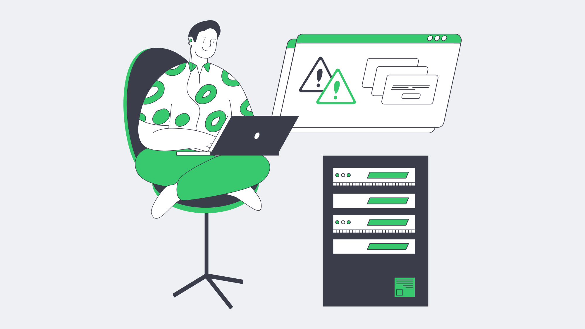 Engineer monitors alert dashboard and server stack for real-time anomaly detection