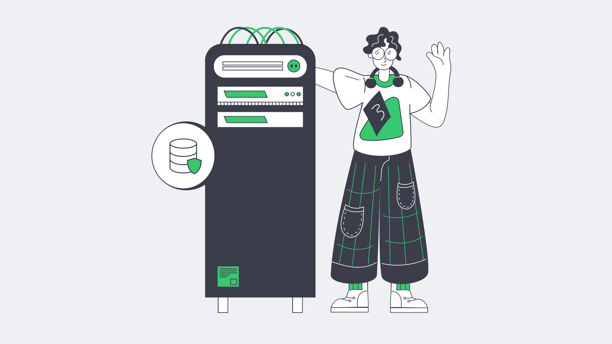 Specialist presenting high-bandwidth server with secure database icon to order