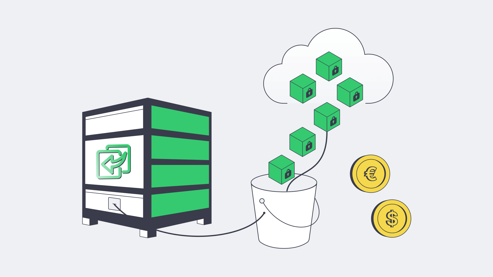 Illustration of server sending locked data cubes to cloud bucket
