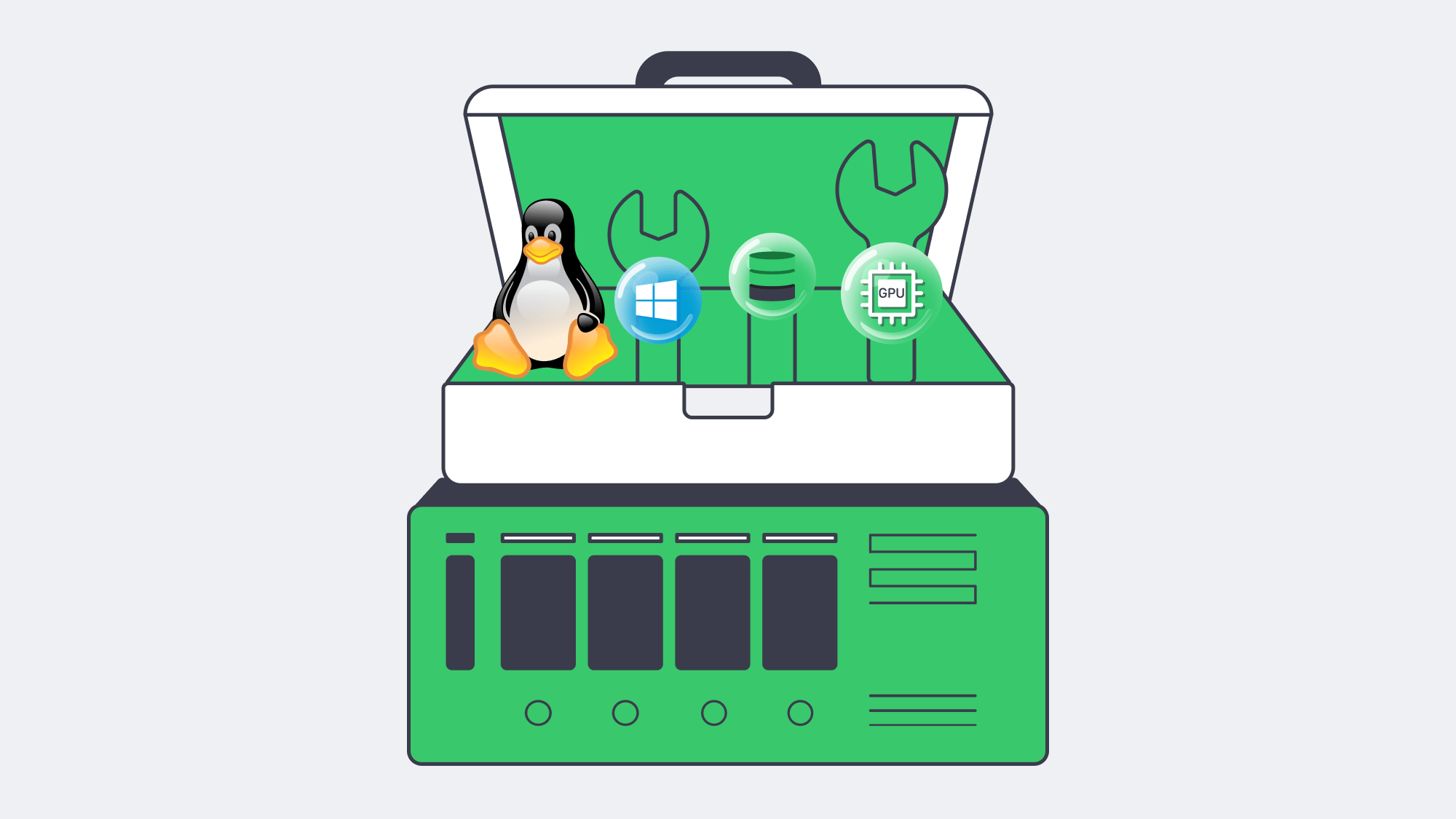 Illustration of a toolbox of software choices atop a server