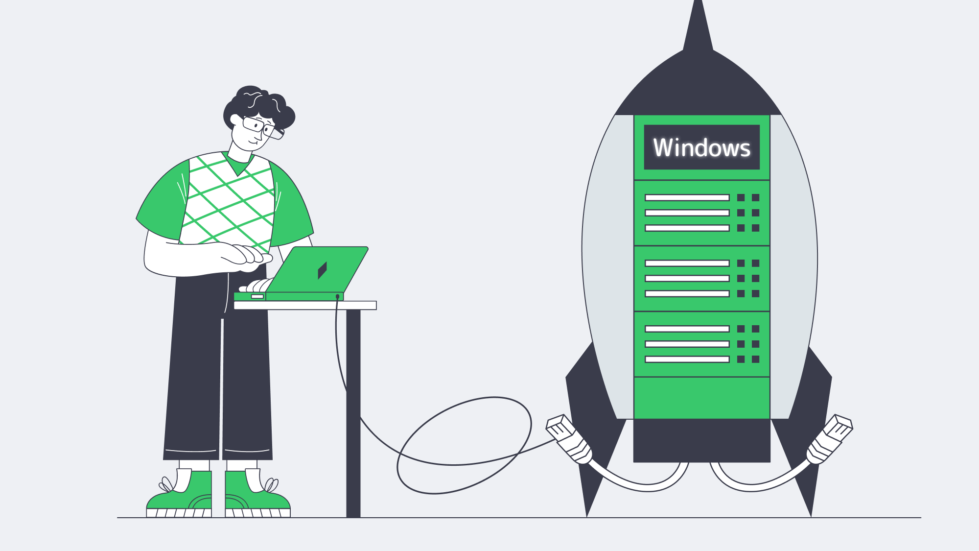Server rocket ascending a roadmap toward future Windows versions.
