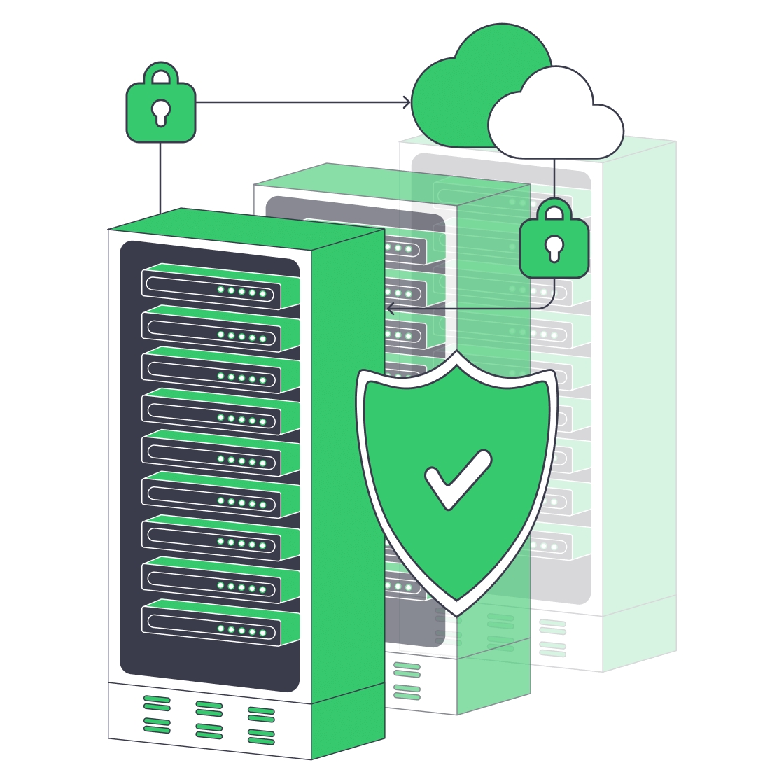 Illustration of dedicated backup server with shield and cloud arrows