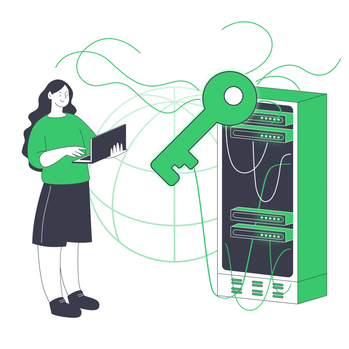 Illustration of server racks with a key symbolizing infrastructure control