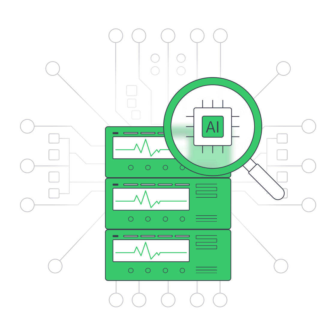 Servers under AI magnifier displaying live metrics