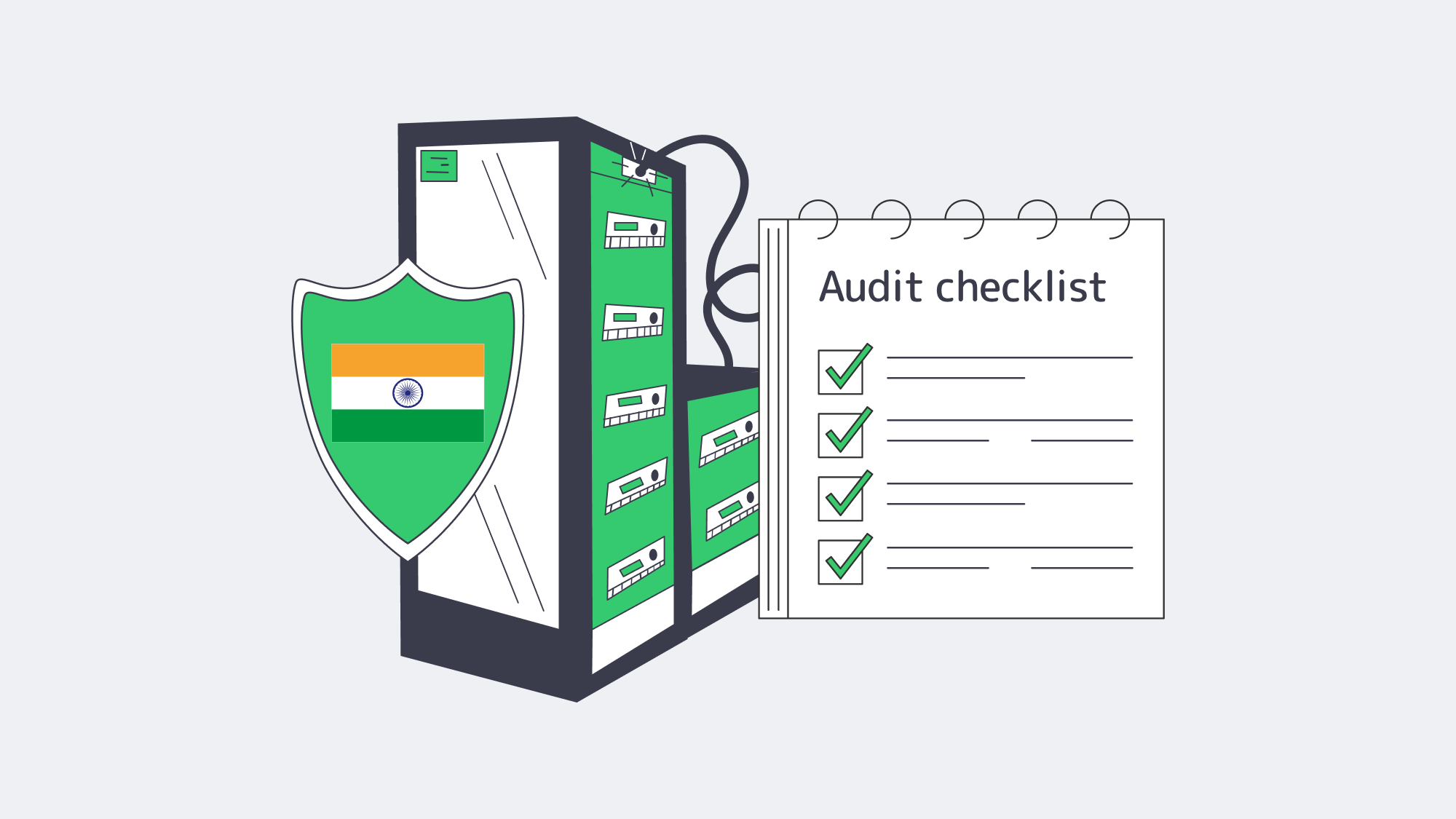 Shield with Indian flag protects server stack symbolizing DPDP compliance