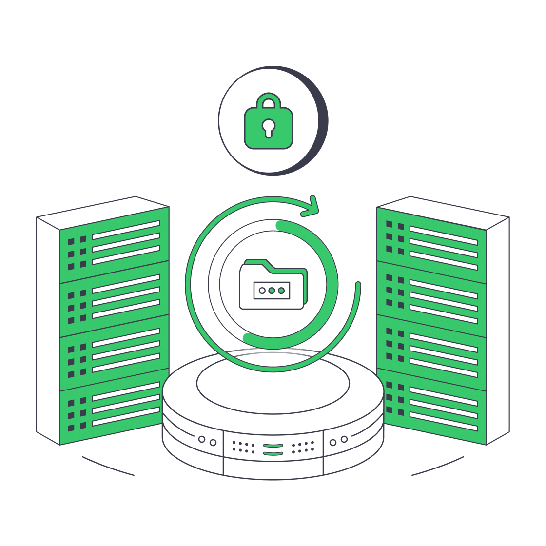 Flat illustration of servers forming a shield around a secure backup folder