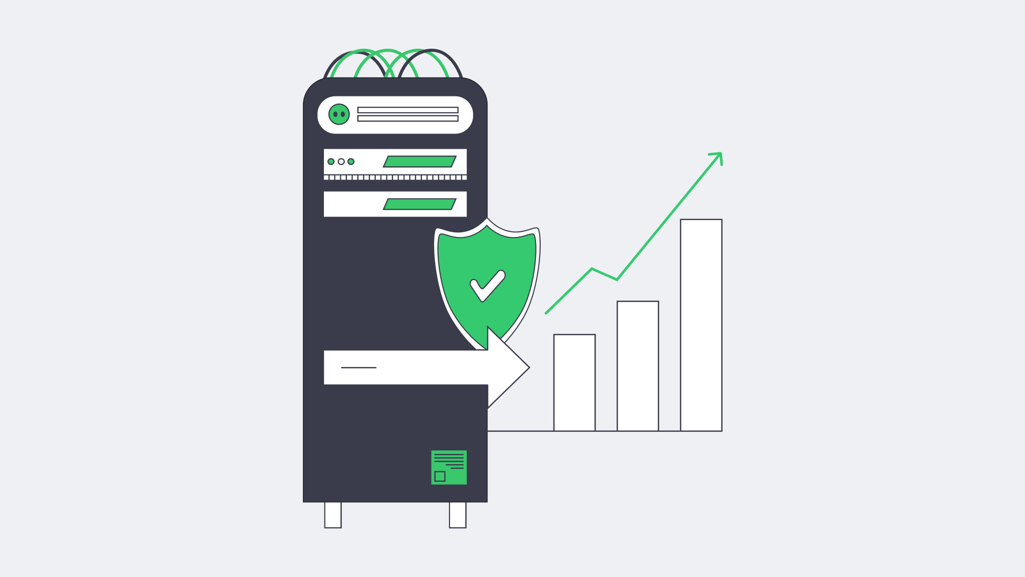 Illustration of server with forward arrow, shield and rising graph