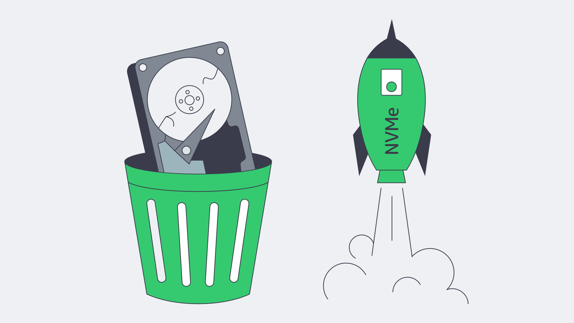 Illustration comparing obsolete HDD with rocket‑quick NVMe.