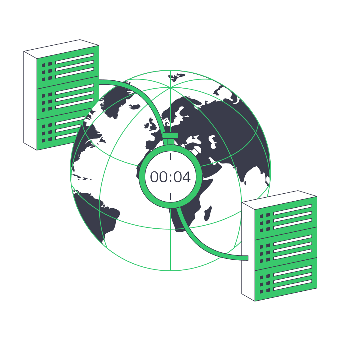 Globe with paired data‑centres linked for four‑minute disaster recovery.
