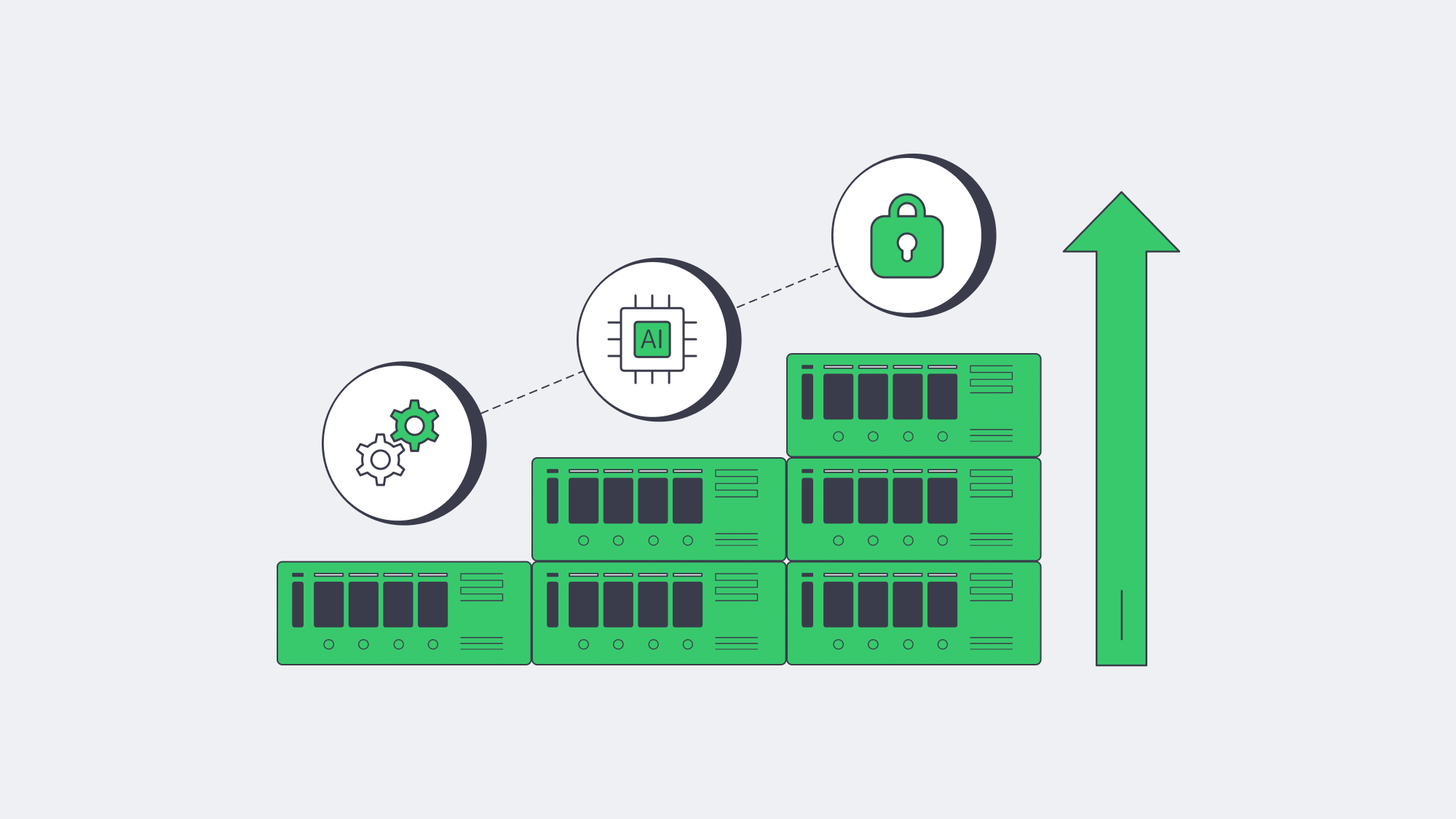 Scalable server stack with AI and security symbols.