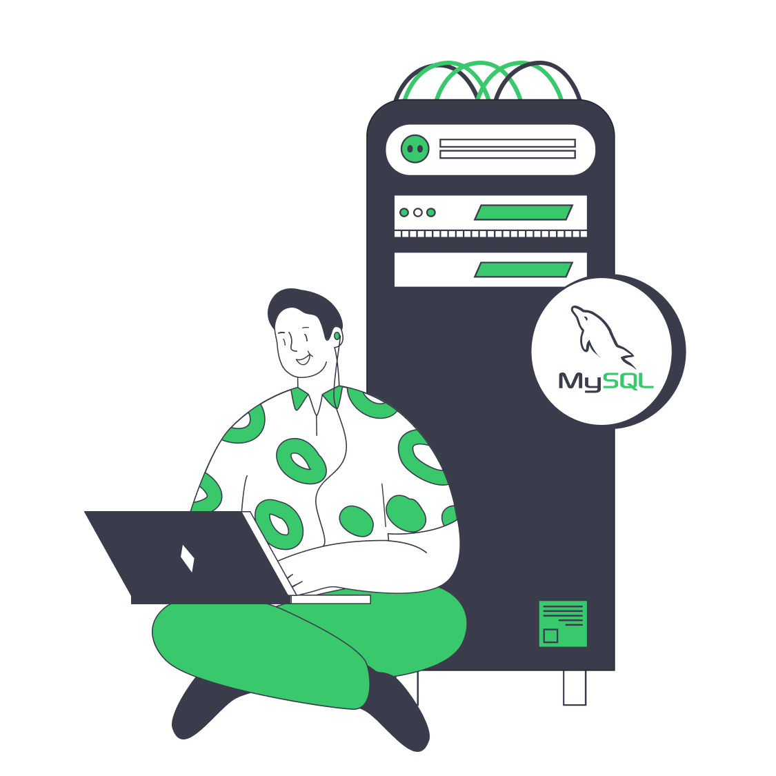 Illustration of a person managing a MySQL database on a dedicated server