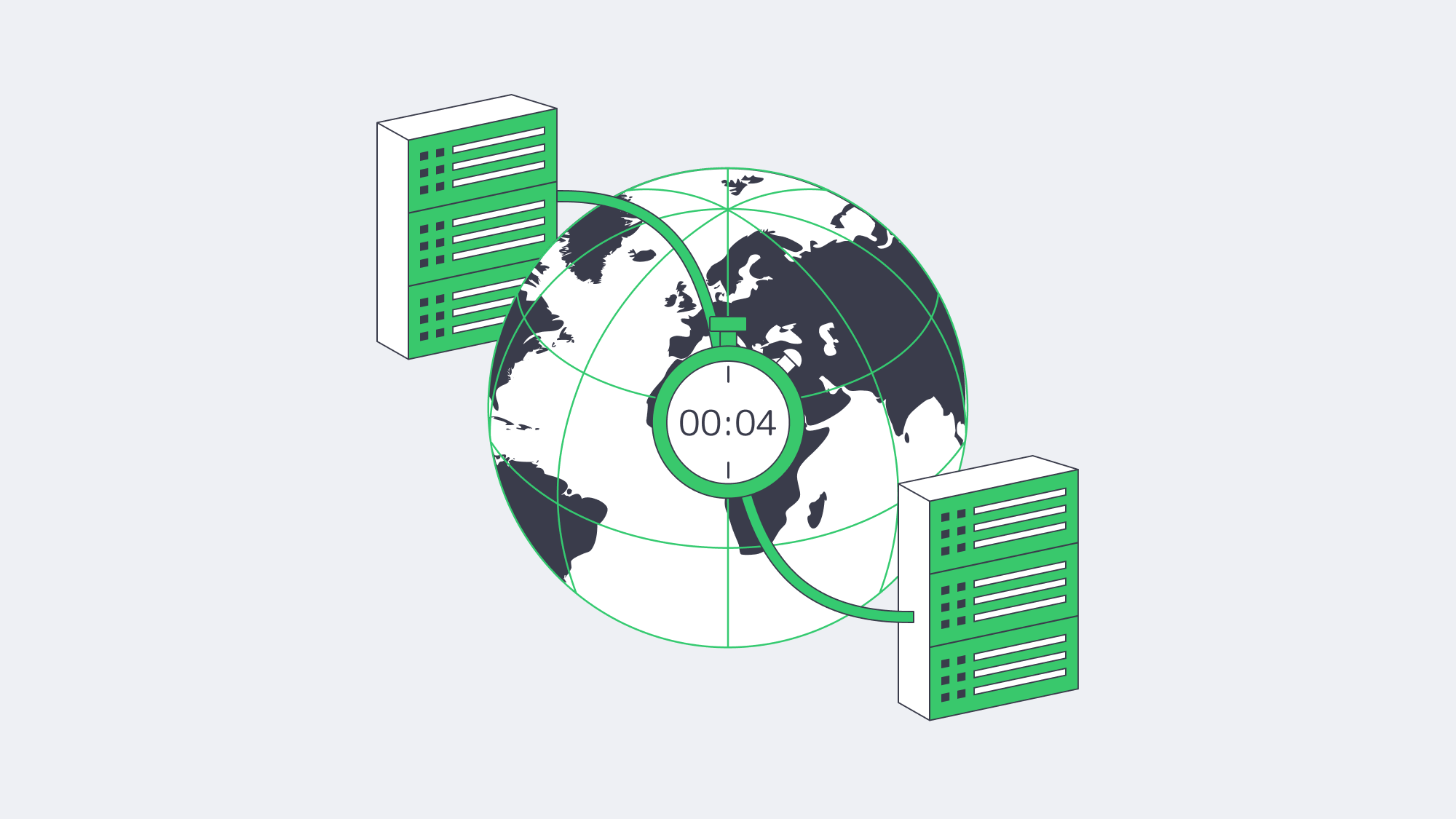 Illustration of global fast automated backup and recovery icons.