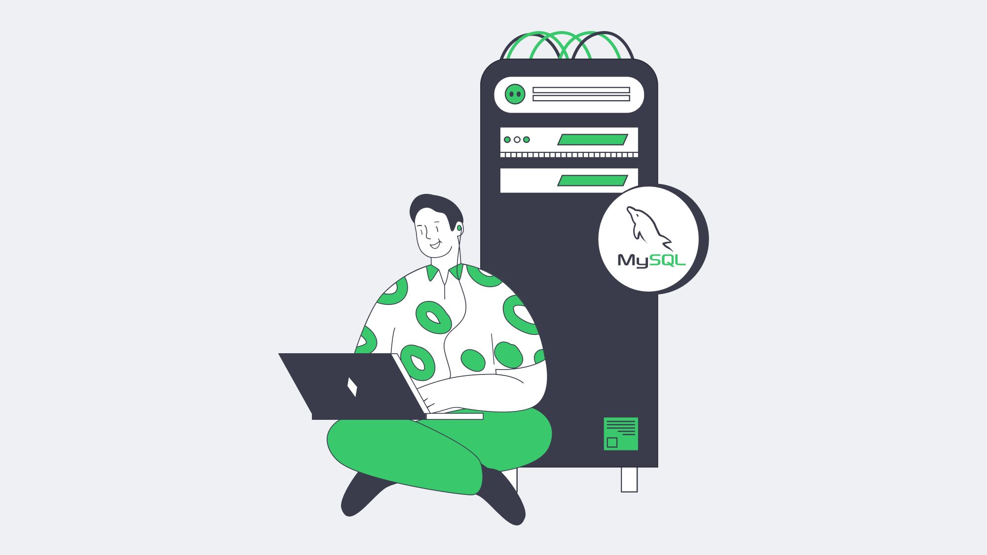 Illustration of a user interacting with a dedicated server for MySQL hosting.