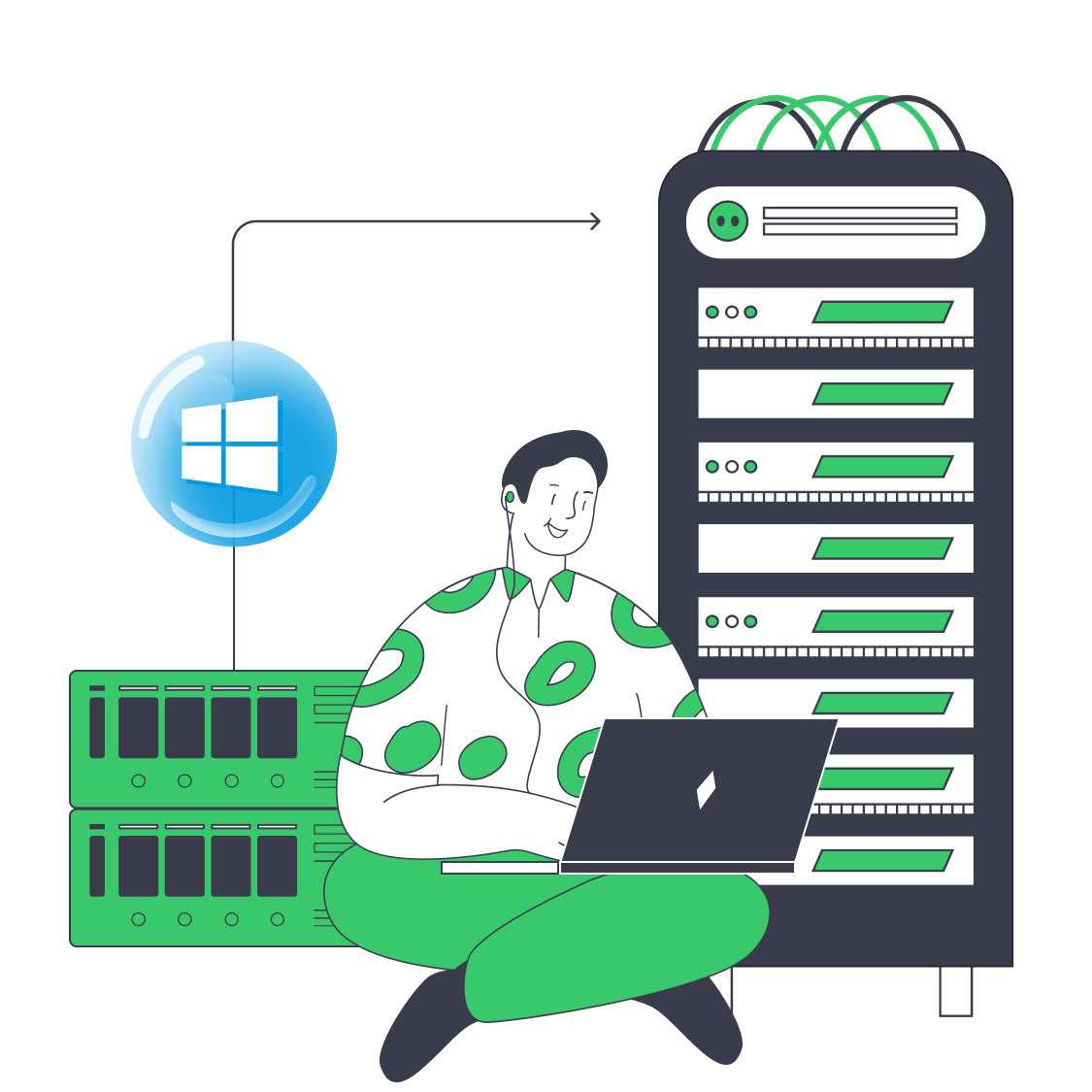 Illustration of servers bridging data center and cloud integration