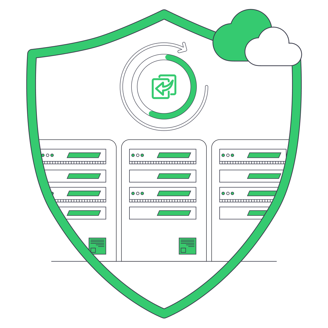 Servers protected by shield symbolizing secured backups