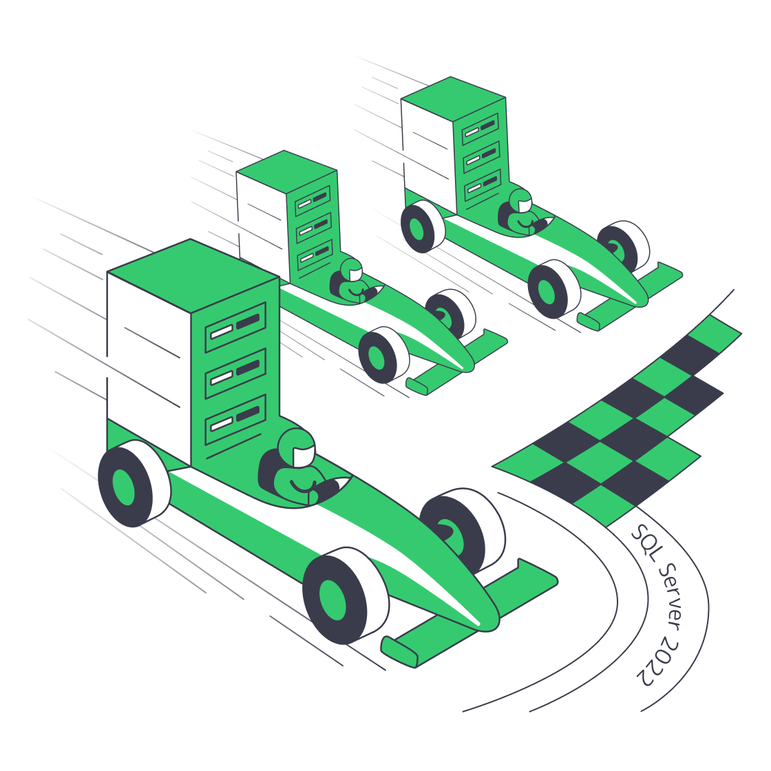 Server racks racing forward to show SQL Server 2022 speed gain.