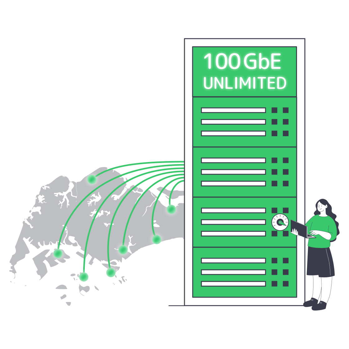 Illustration of fiber cables feeding unlimited‑bandwidth servers in Singapore.