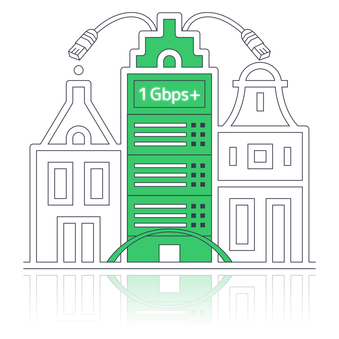 Illustration of Amsterdam skyline fused with data‑center racks and network bridges.