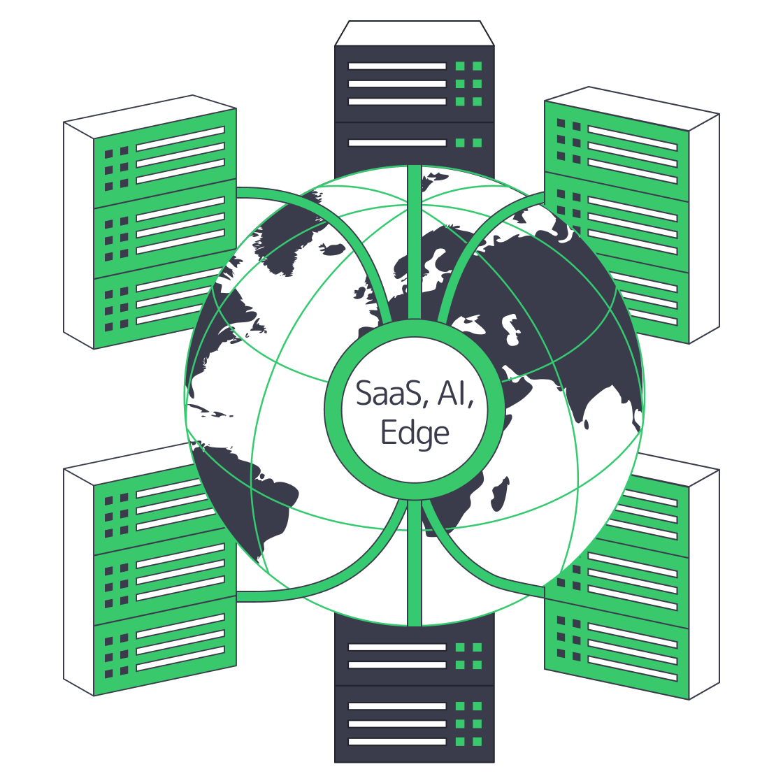 Globe surrounded by server racks and swirling data arrows