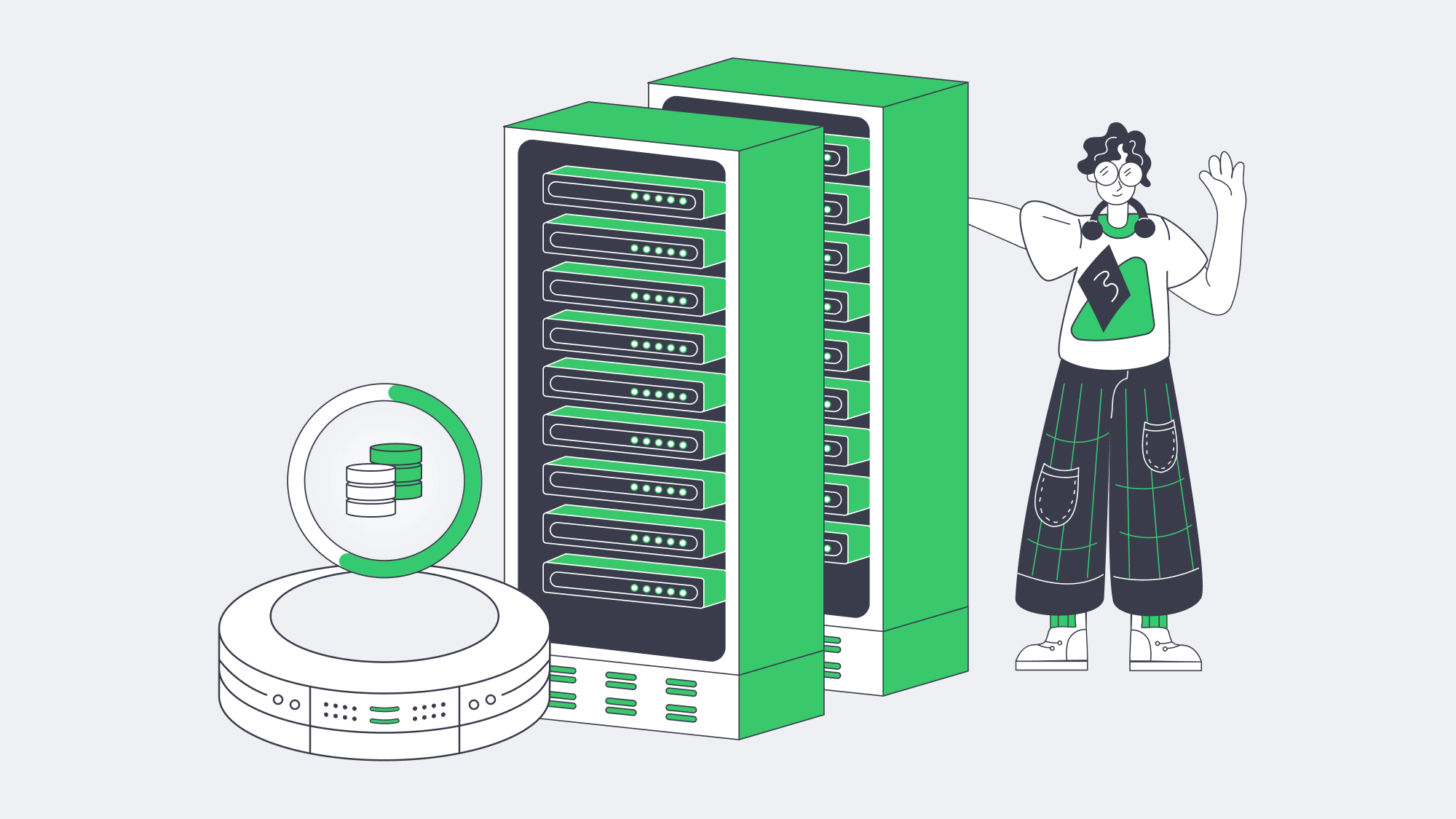 Illustration of hands replacing a hard drive symbolizing dedicated hardware support