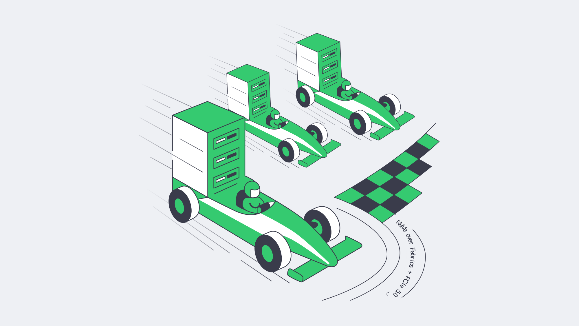 Illustration of servers racing on a track labeled NVMe over Fabrics and PCIe 5.0