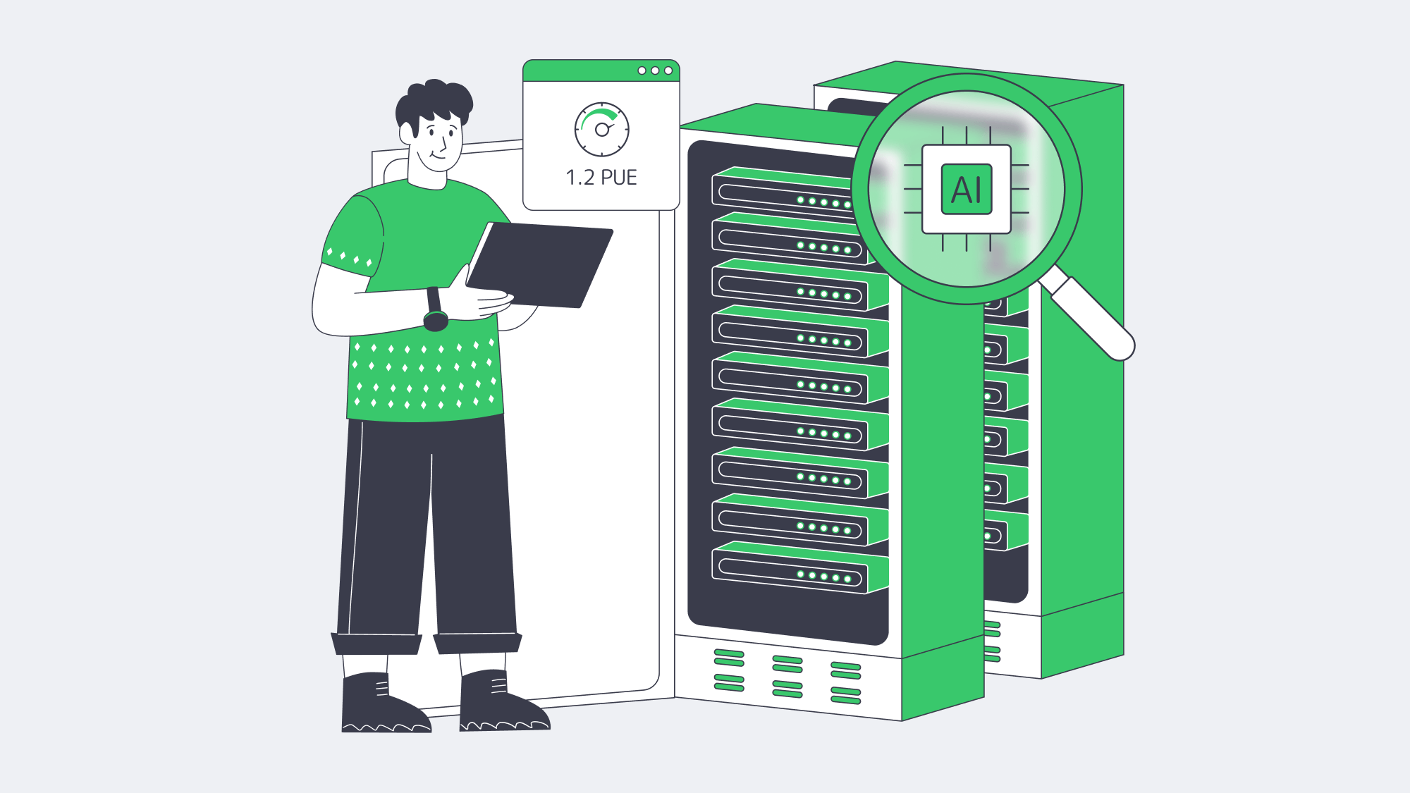 Liquid‑cooled server rack with AI chip and green energy meter