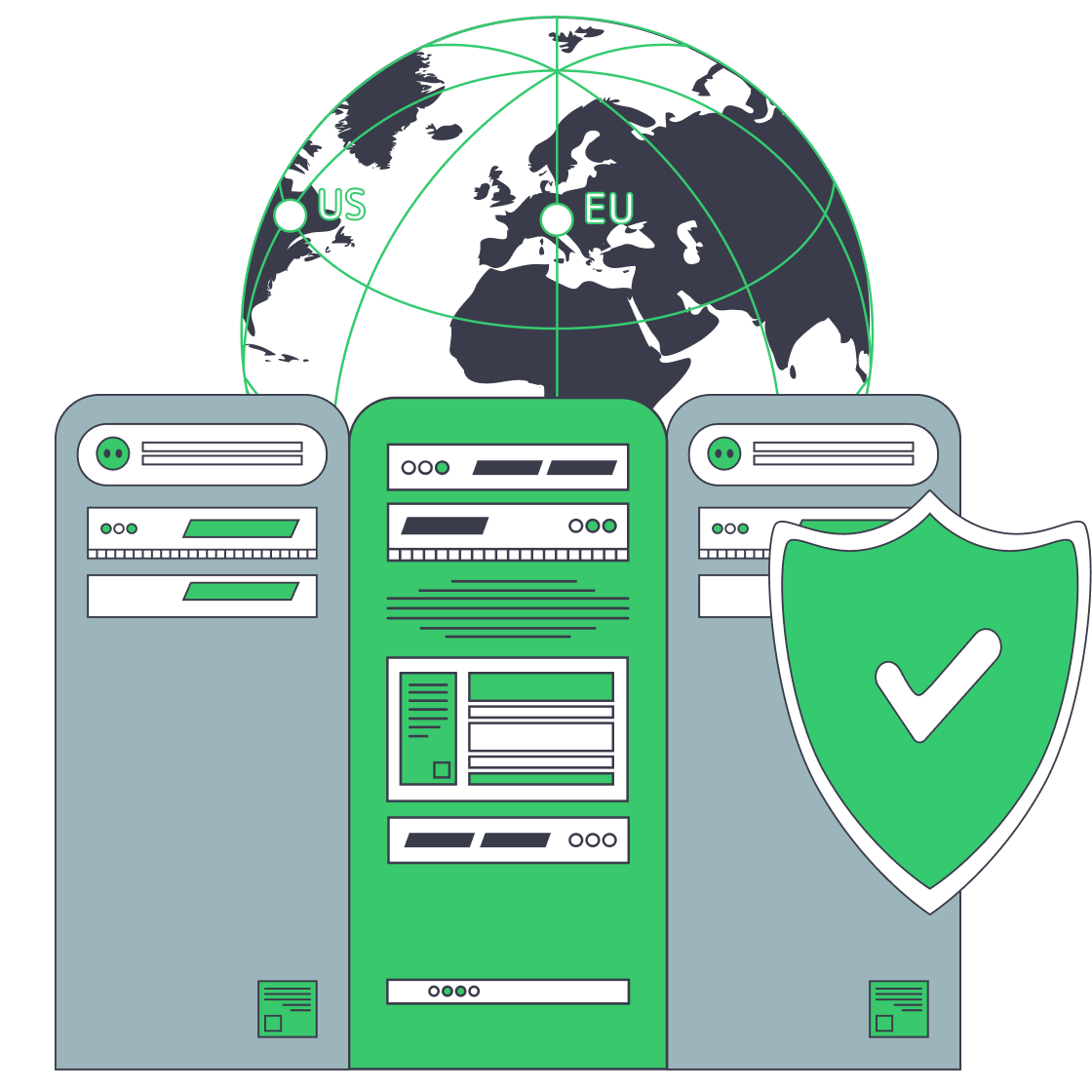 Server racks with shield, audit checklist, and globe pins for iGaming compliance