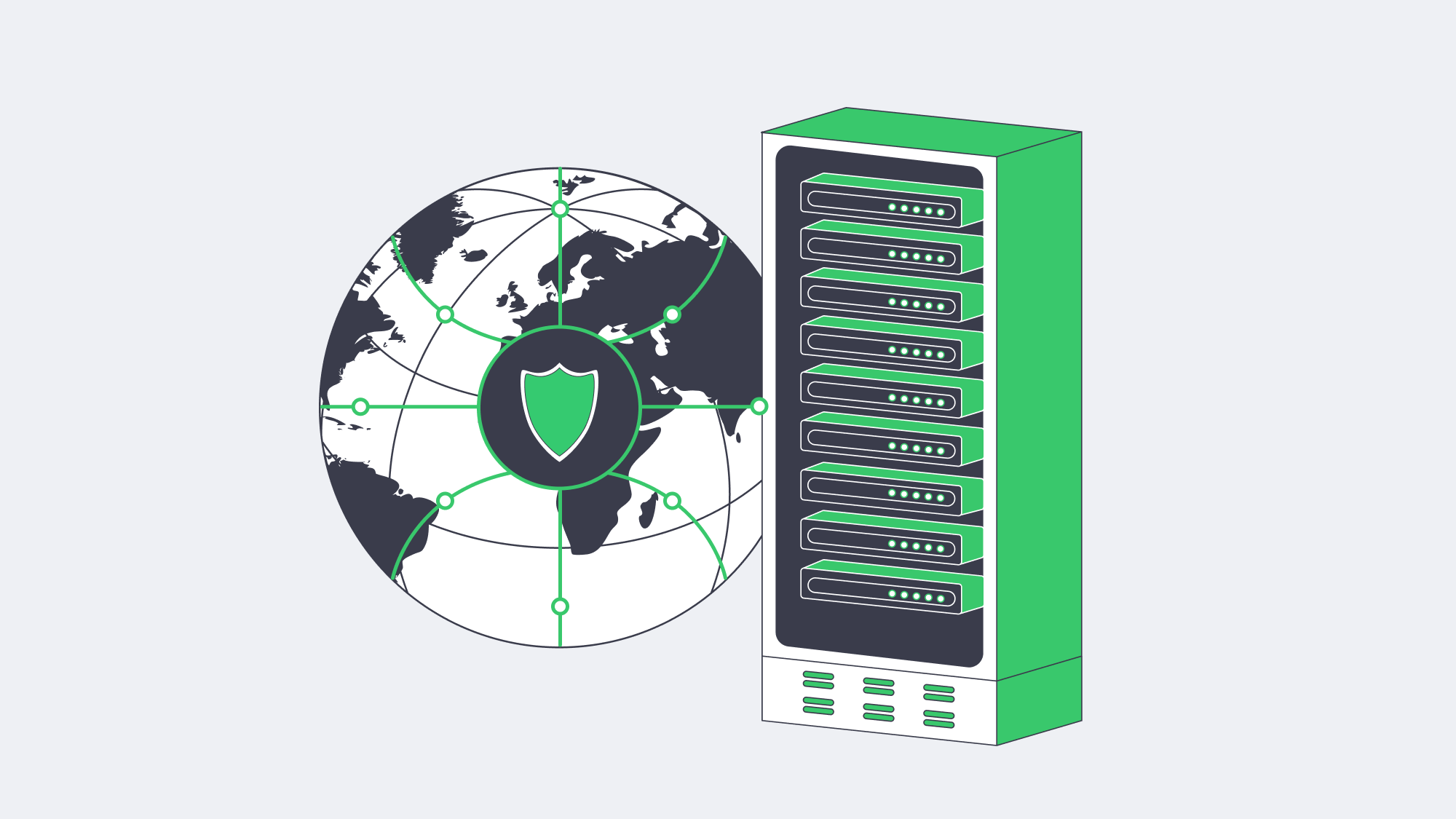Secure modern server rack with green shield connected to global network points