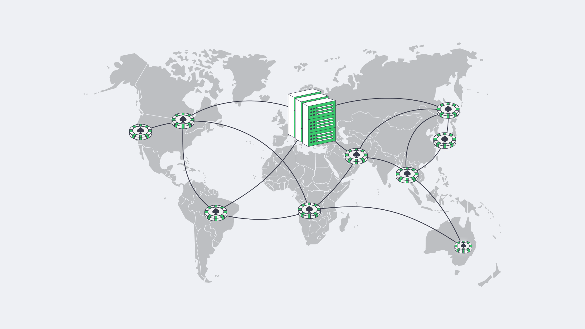 World map with regional data centers and CDN edges reducing latency
