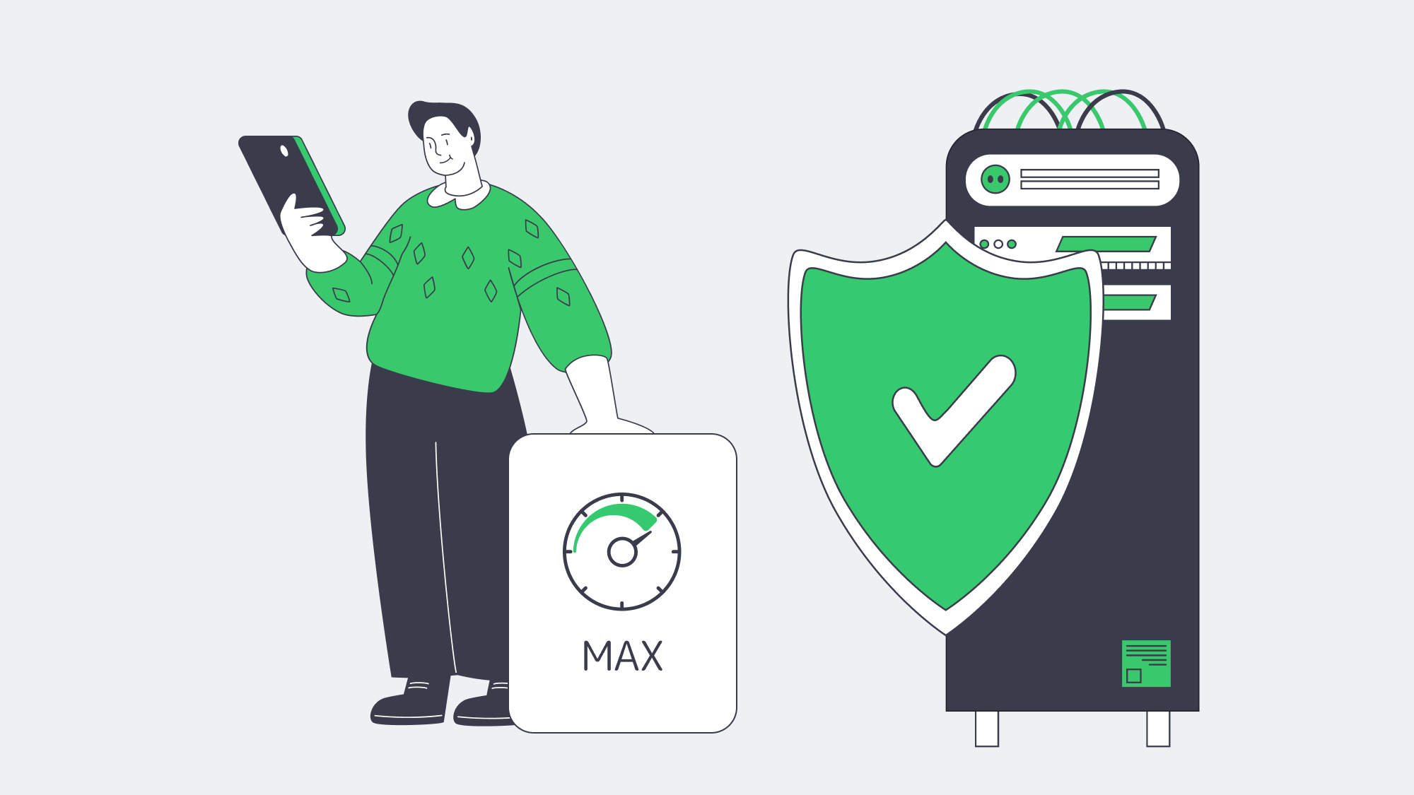 Server with speed gauge accelerating landing pages to mobile and desktop