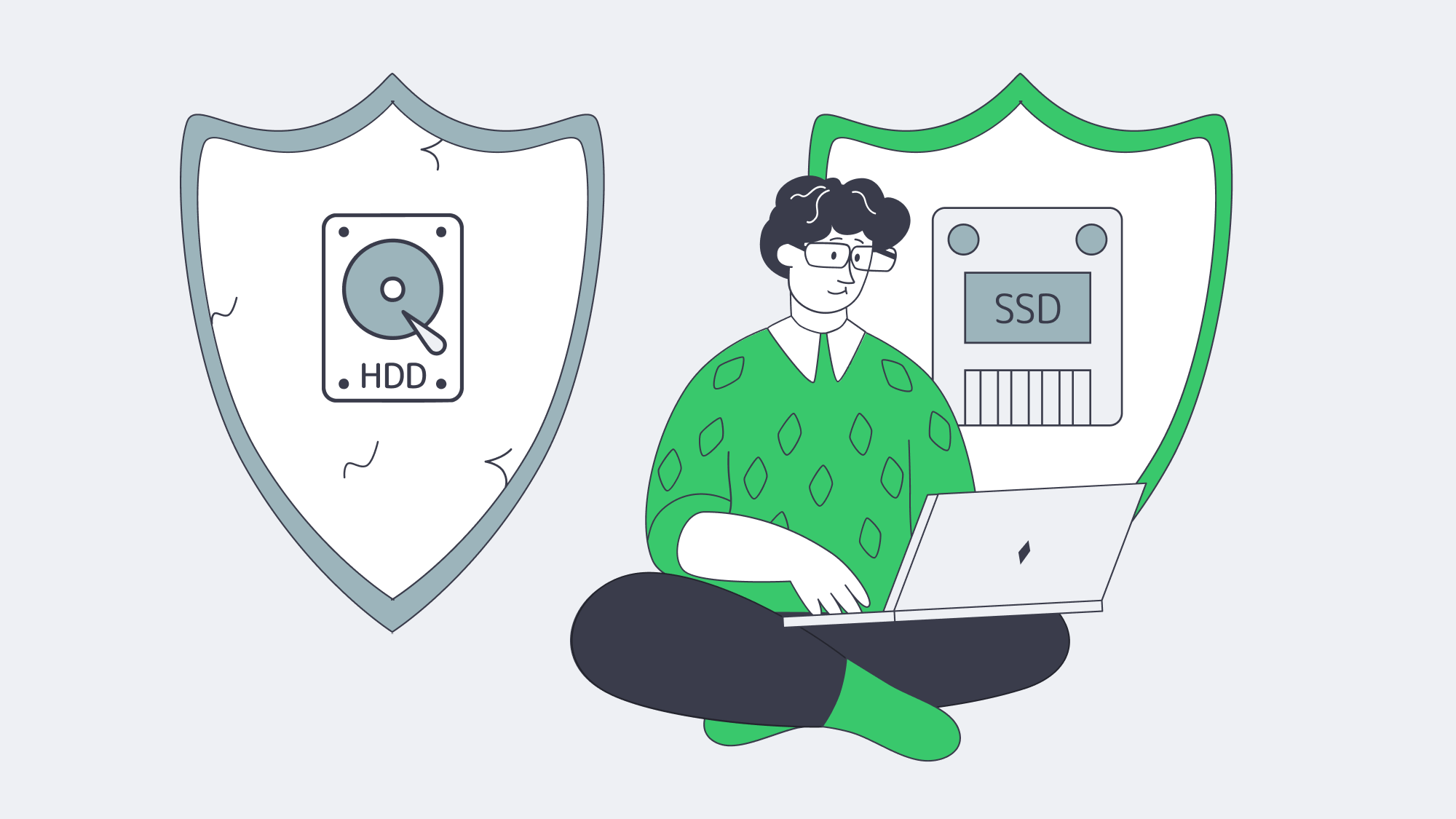 Illustration of cracked‑shield HDD versus intact‑shield SSD representing reliability