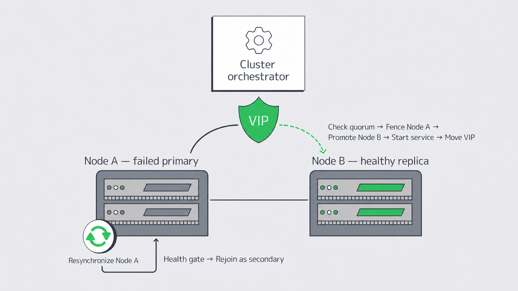 Automated failover sequence that fences Node A before promoting Node B and moving the virtual IP
