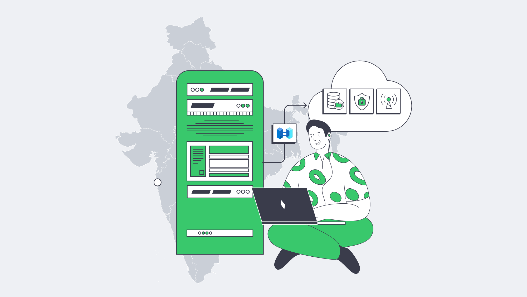 Mumbai server linked to a cloud policy shield via Azure Arc with a local-data badge