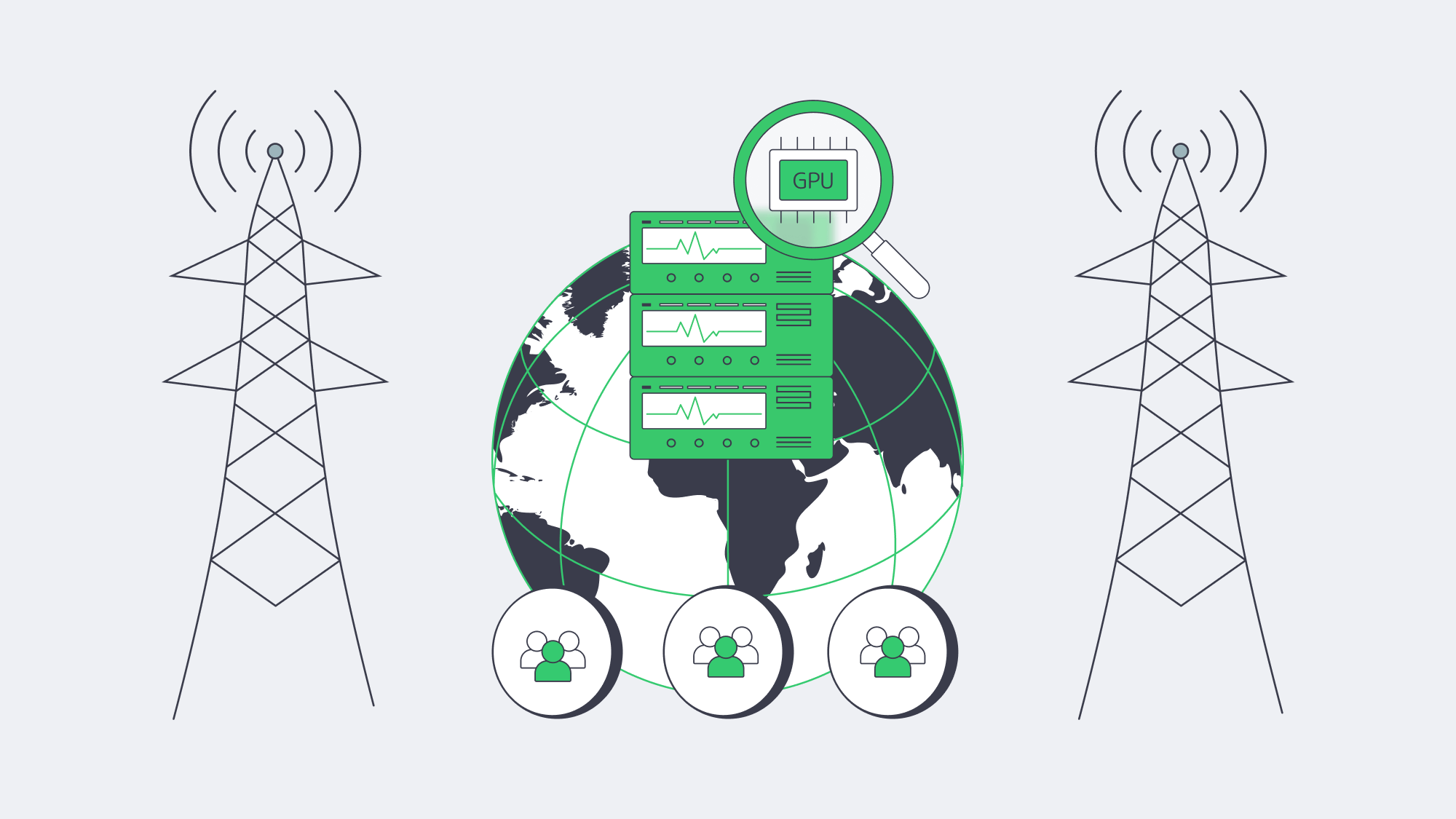 Edge servers near 5G towers delivering VR streams around a globe