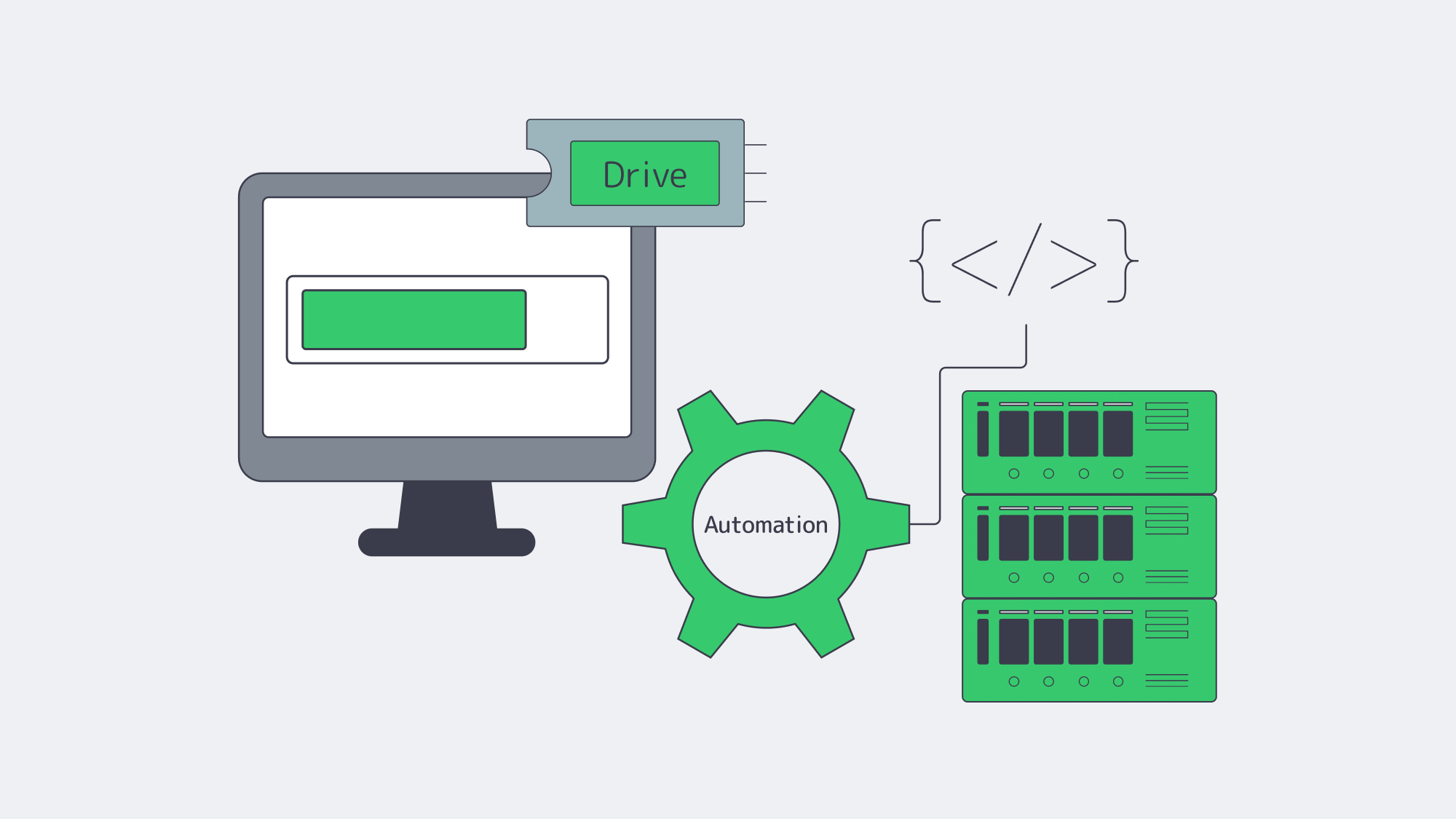 Open server with NVMe hot‑add, progress bar, and automation gears