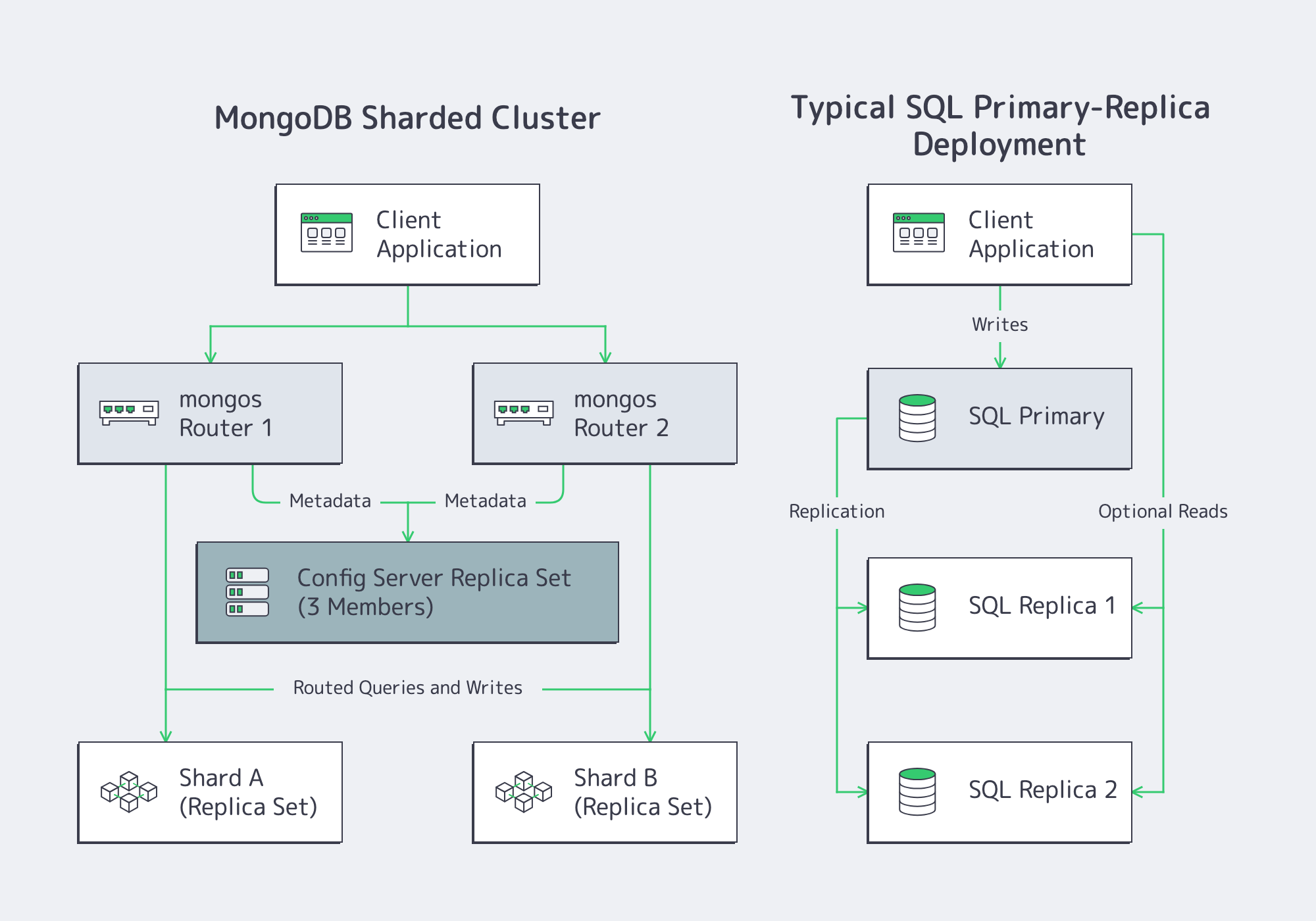 Simplified MongoDB sharded cluster and SQL primary-replica topology comparison