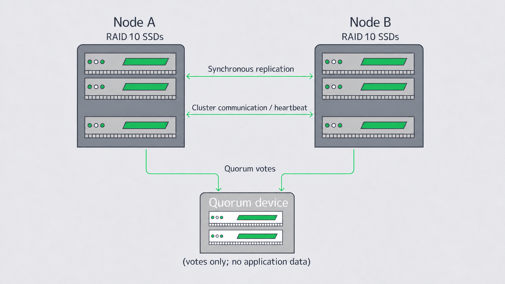 Two-node synchronous replication cluster with separate quorum-device connections and no application data on the witness