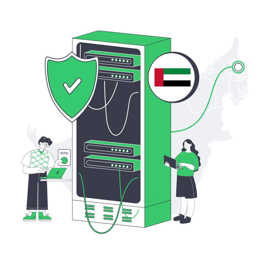 Secure server rack marked at Fujairah on a UAE map with cables and shield