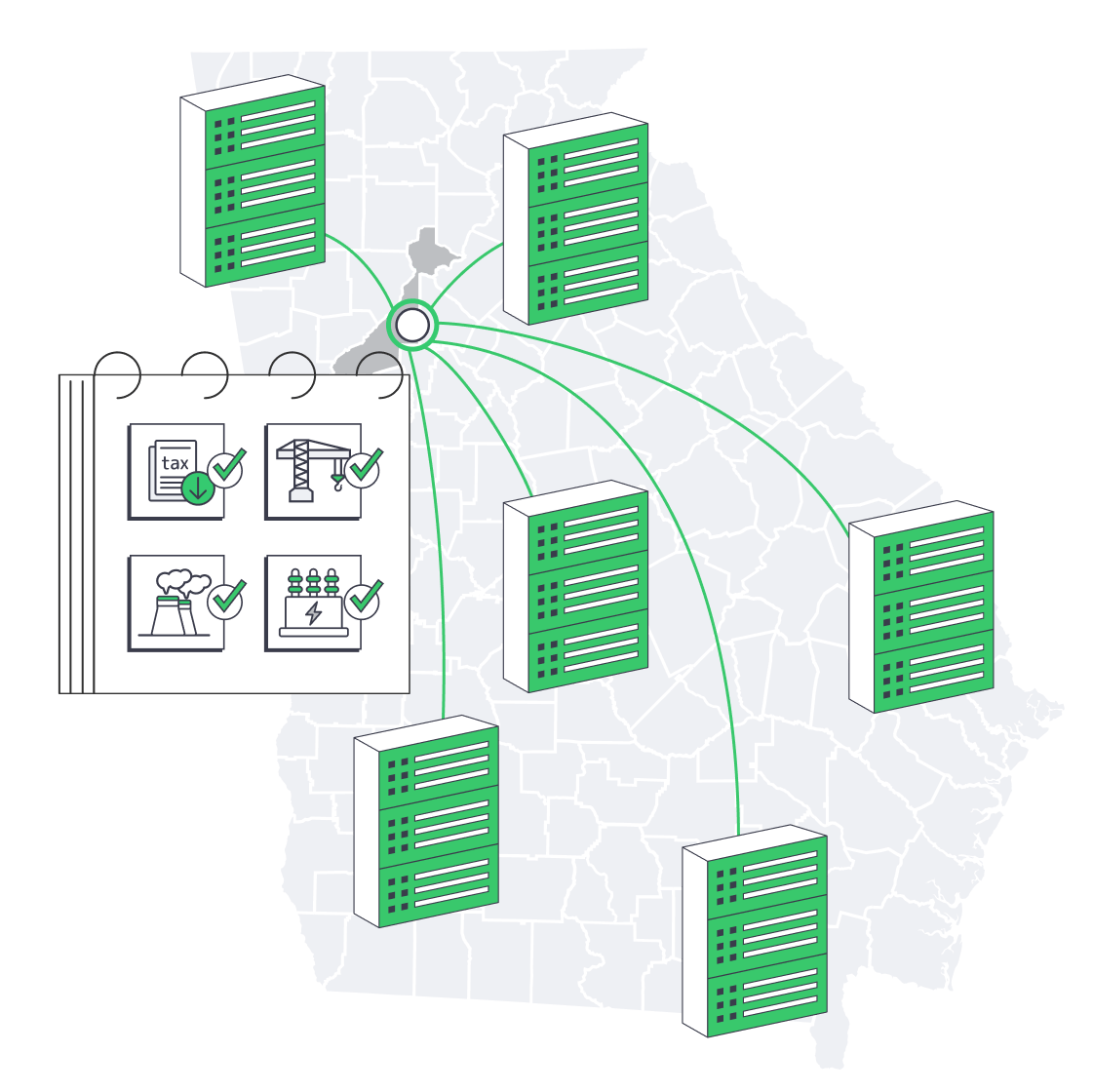 Map of Atlanta as a data hub with servers, fiber, power, water, and growth icons