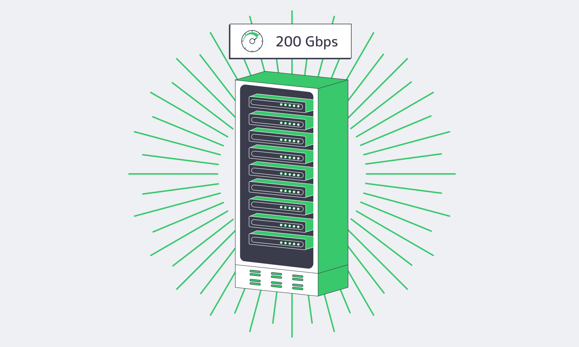 Flat illustration of a dedicated server with fiber rays and 200 Gbps speed label