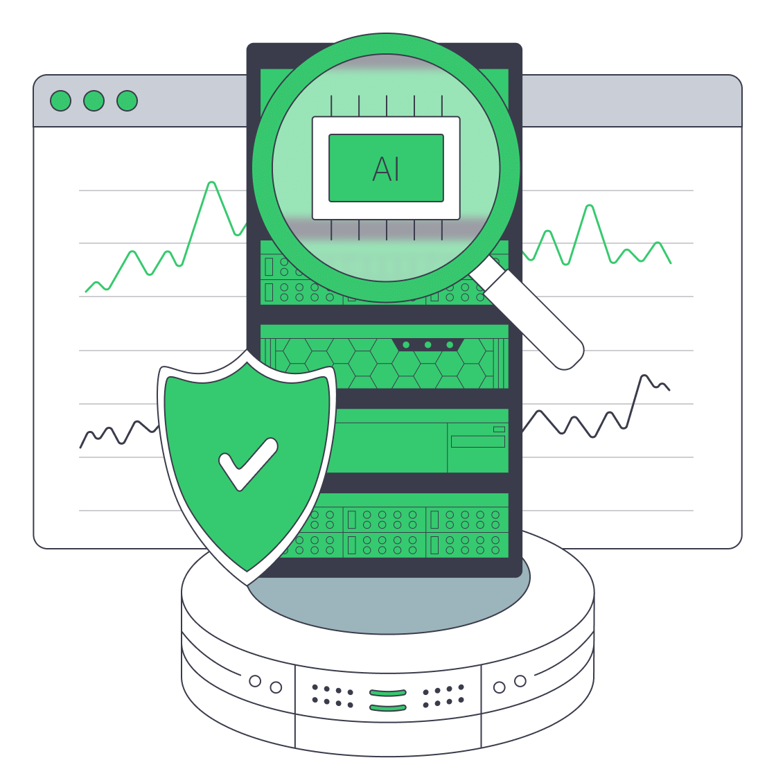Dedicated servers with shield and AI chip symbolizing ERP performance, control, compliance