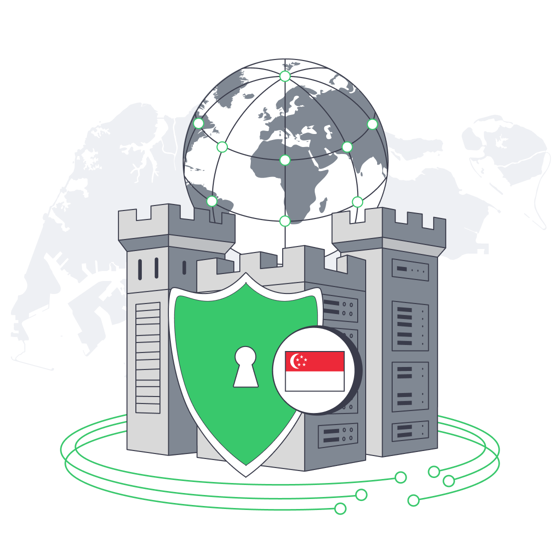 Server‑rack fortress with padlock and shield symbolizing secure Singapore hosting