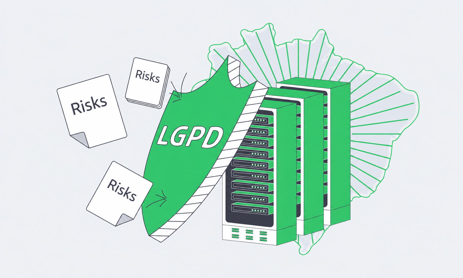 Conceptual LGPD shield and servers in Brazil with data-protection risks