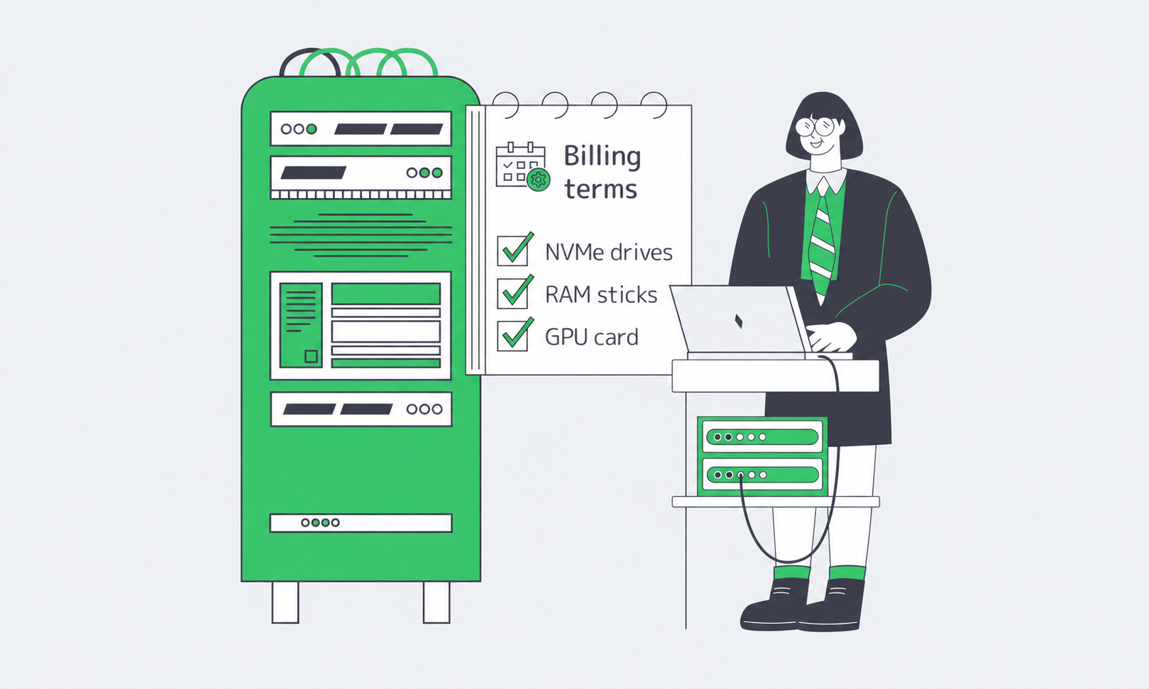 Server illustration with NVMe drives, RAM sticks, GPU card, and a checklist headed Billing terms