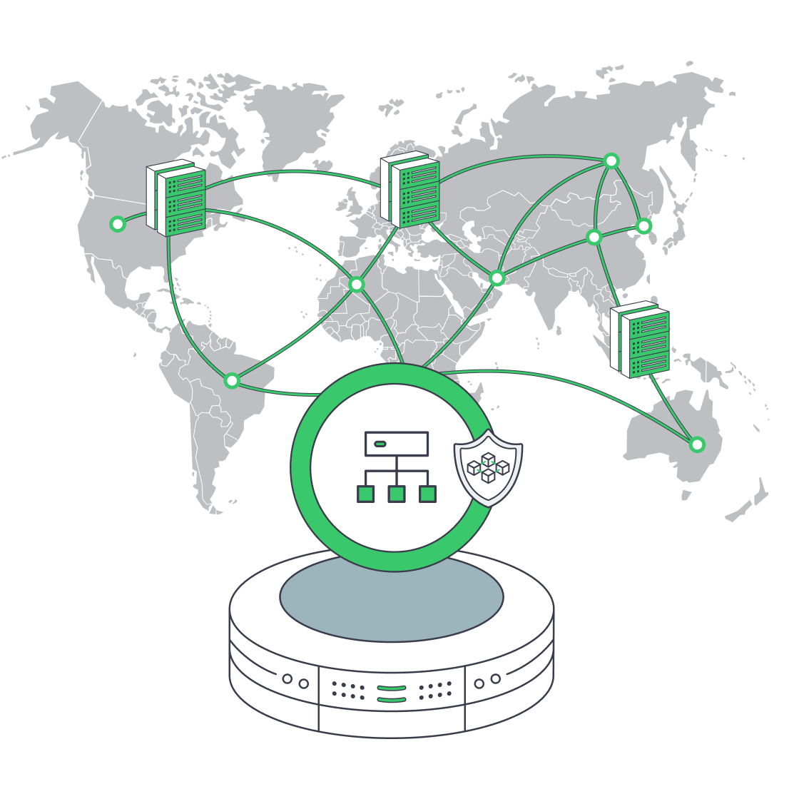 Dedicated servers on world map grid with latency dials and blockchain icon