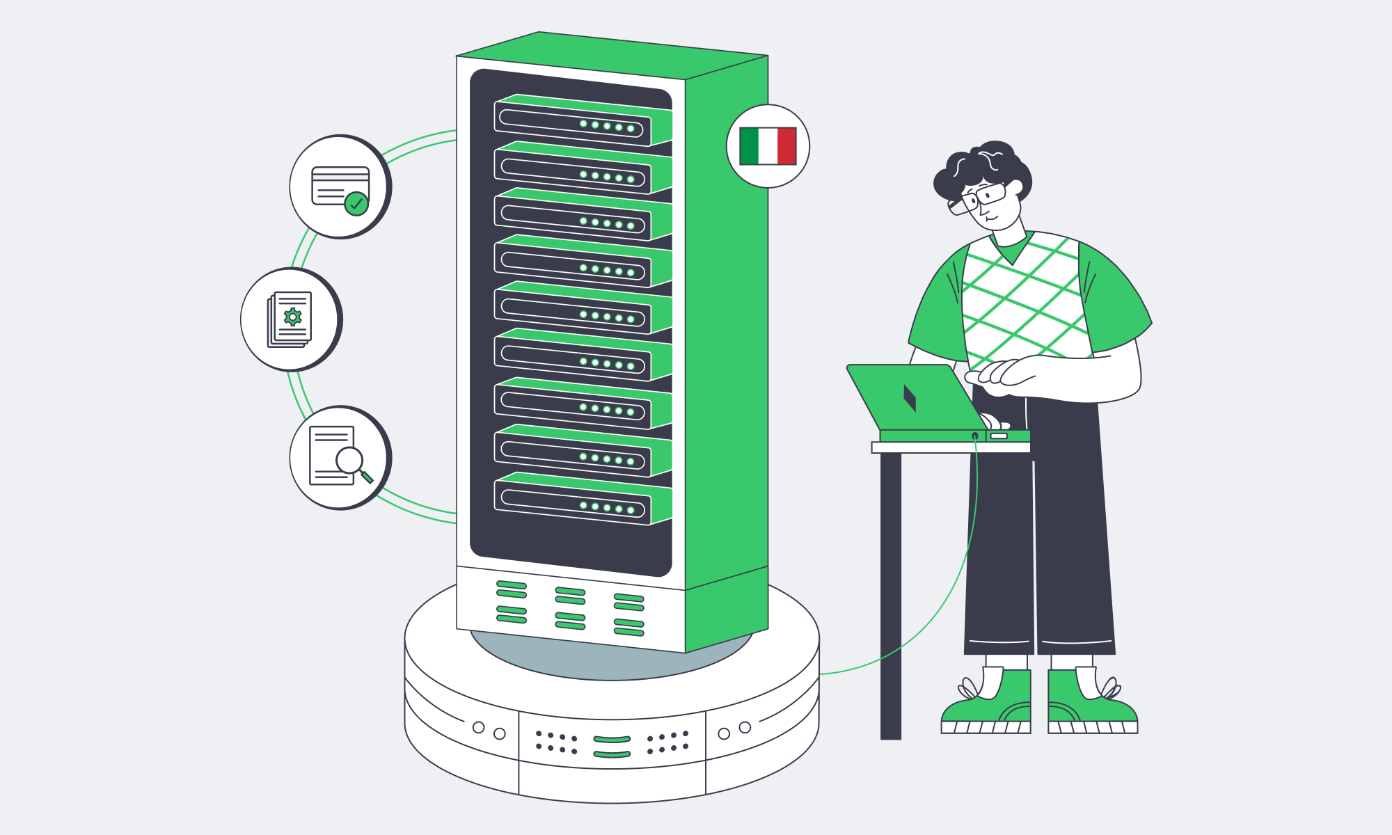 Illustration of Italian server rack with audit checklists, logs, and magnifying glass