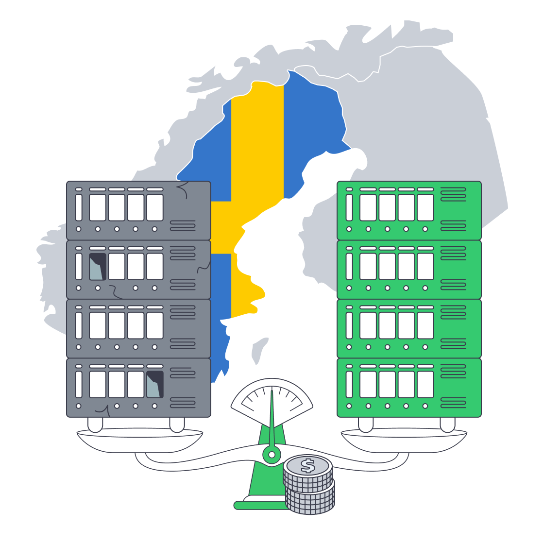 Illustration of server racks and coins balanced to show cost versus performance