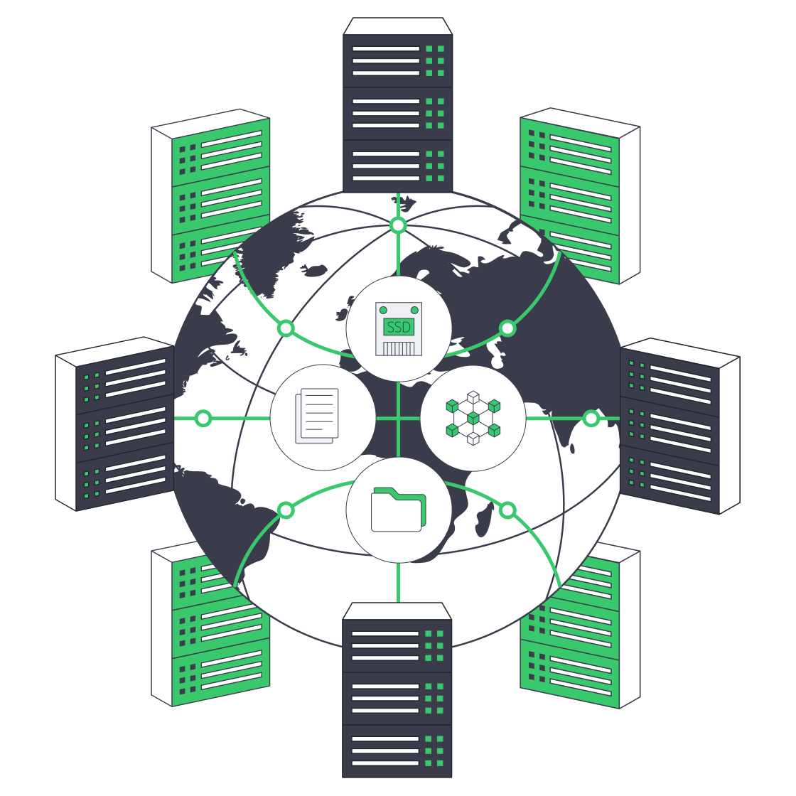 Dedicated server racks connected to blockchain-style nodes for decentralized storage