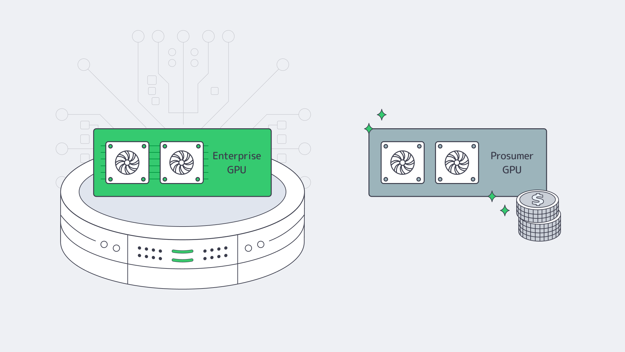 Illustration comparing enterprise and prosumer GPUs for blockchain research