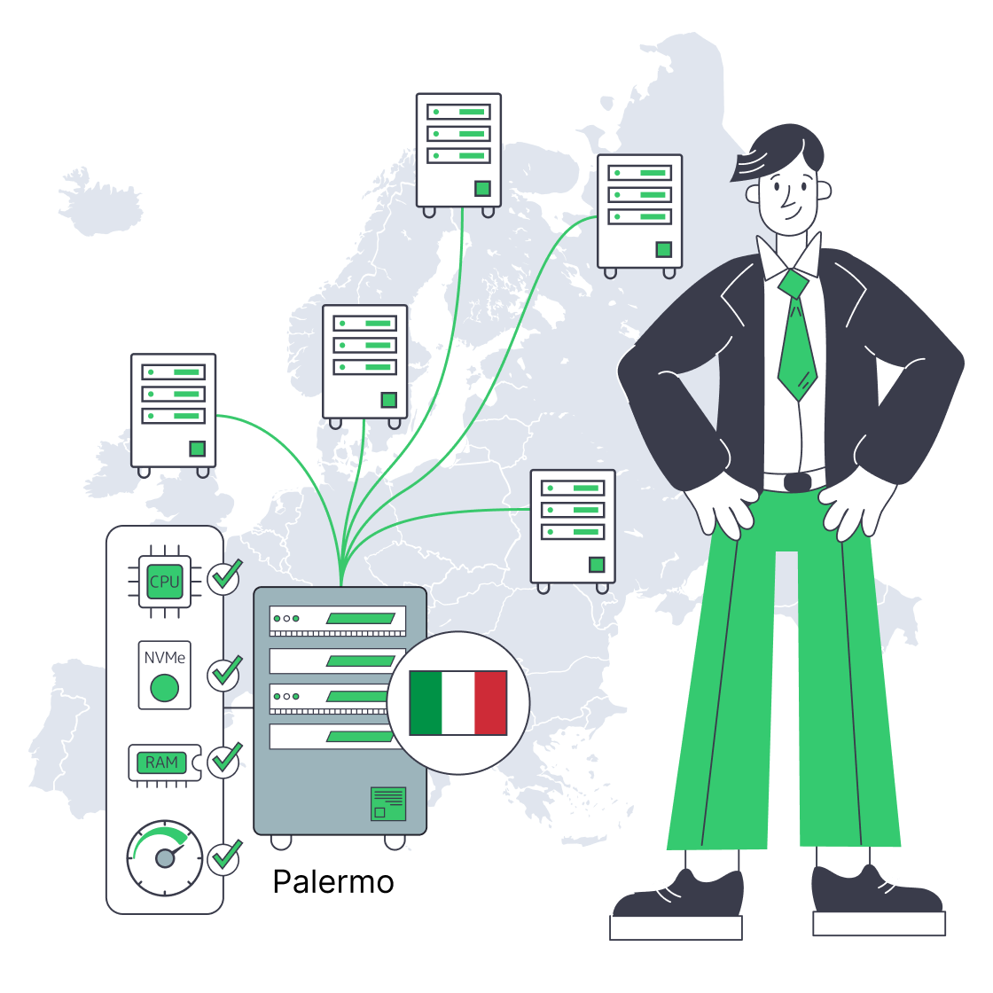 Stylized map of Italy built from server racks linked by cables and a hosting checklist